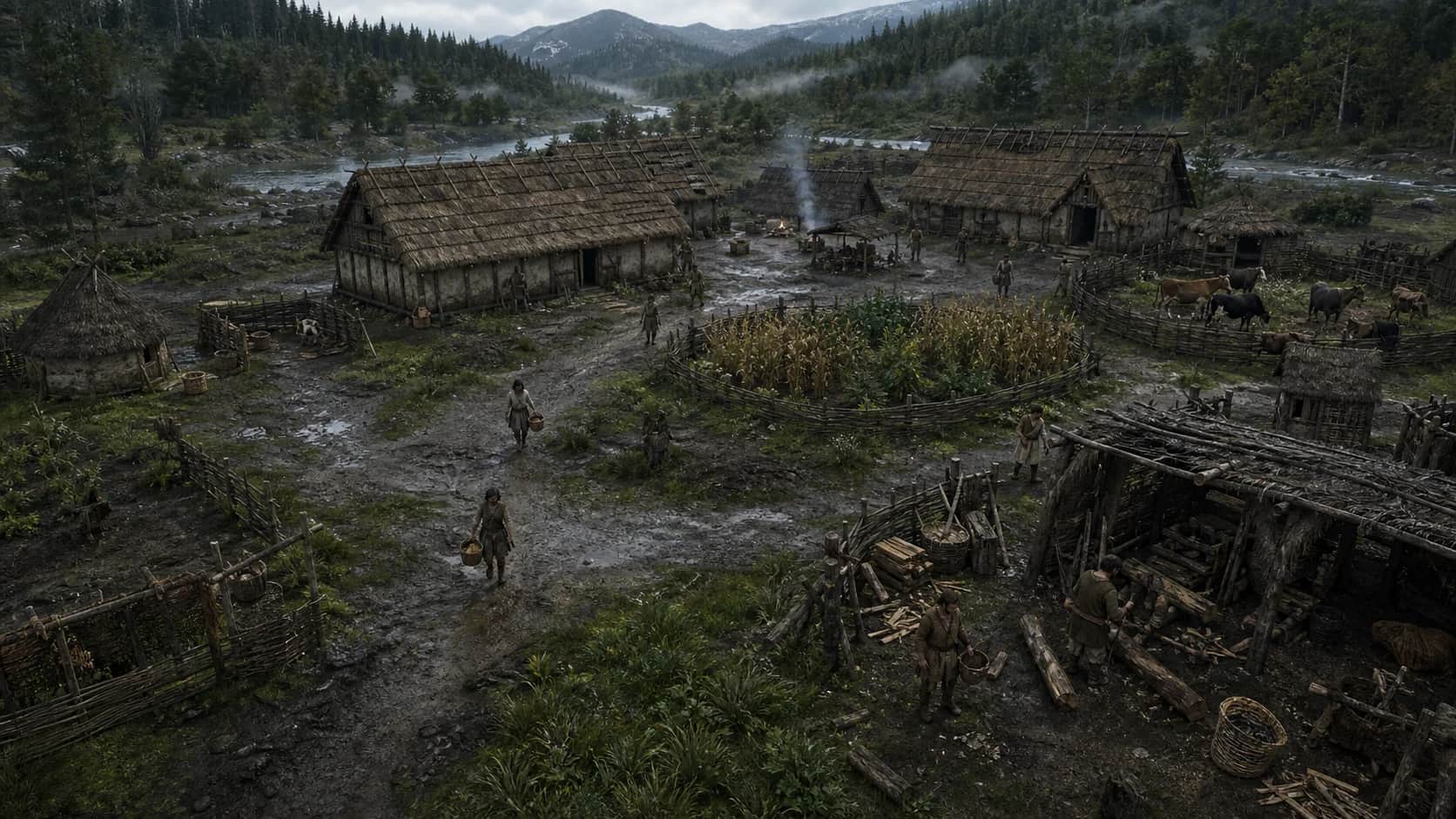 Daily work across a permanent Neolithic settlement after rain