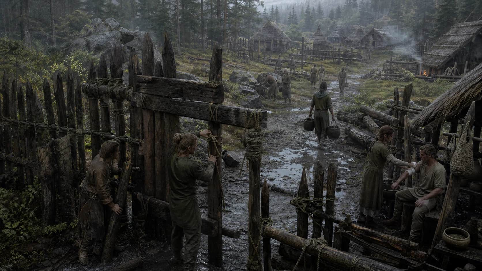 Villagers repair a scarred timber gate and care for one another