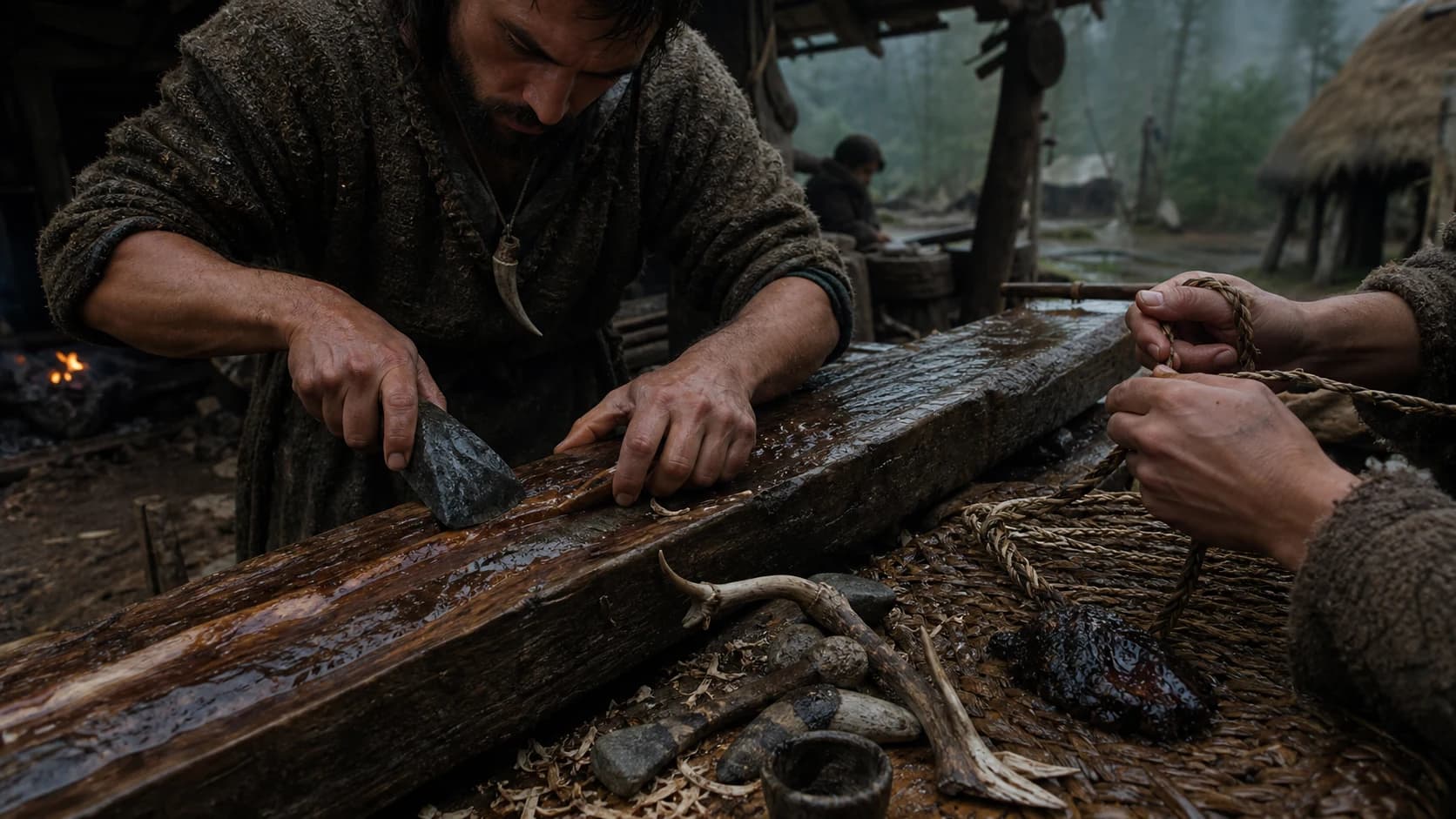 A craftsperson shapes a rain-dark oak beam while plant-fibre cord is twisted beside him.