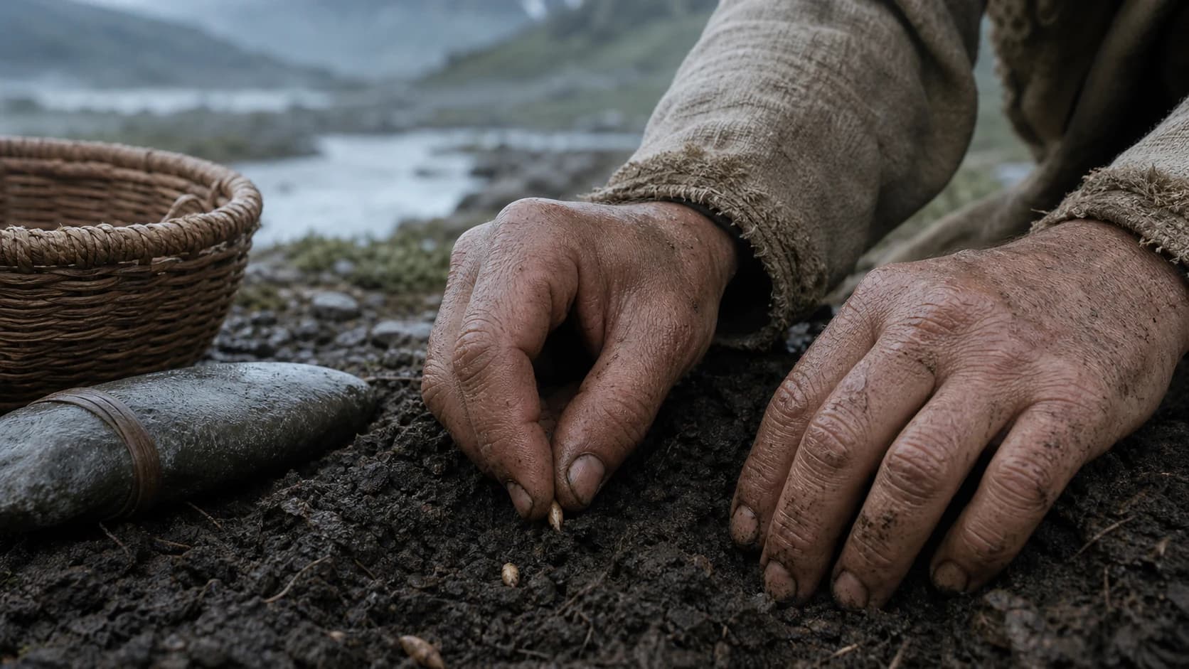 A hand presses a seed into rain-soaked ground in Hochwald Valley.