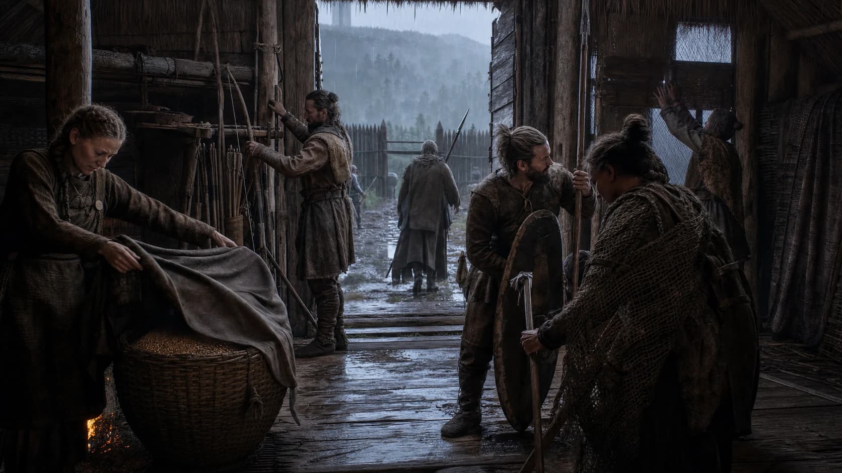 Villagers secure grain and distribute bows, spears and shields inside the communal hall.