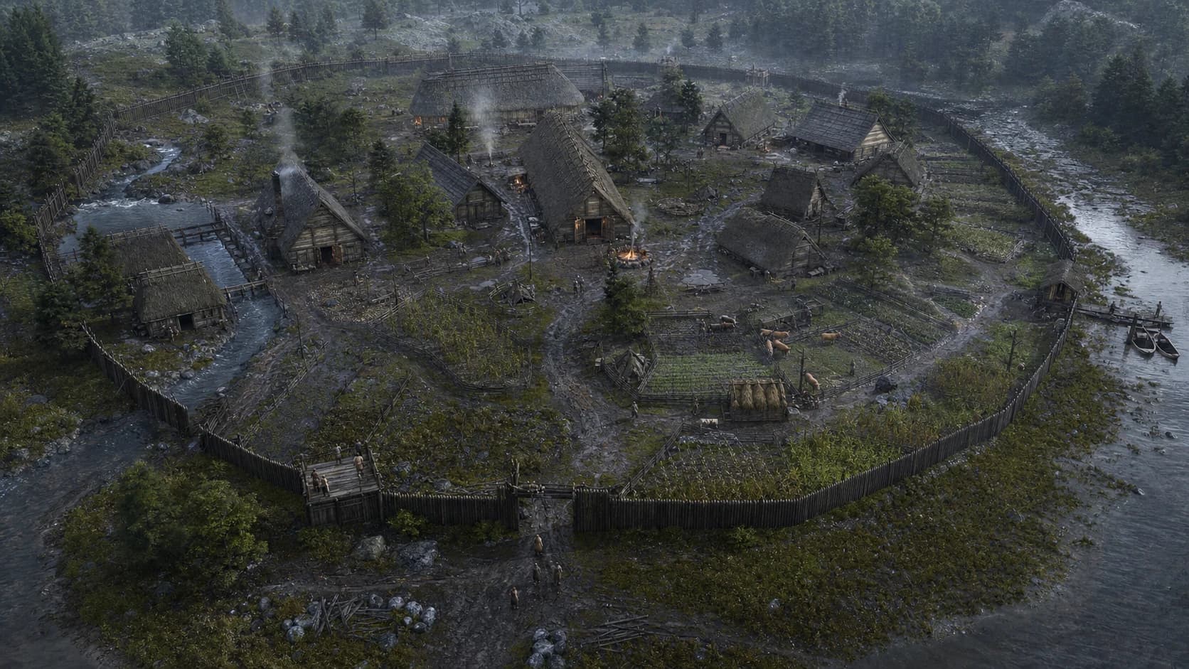A high strategic view over the working Neolithic settlement, river landing and defensive ring.