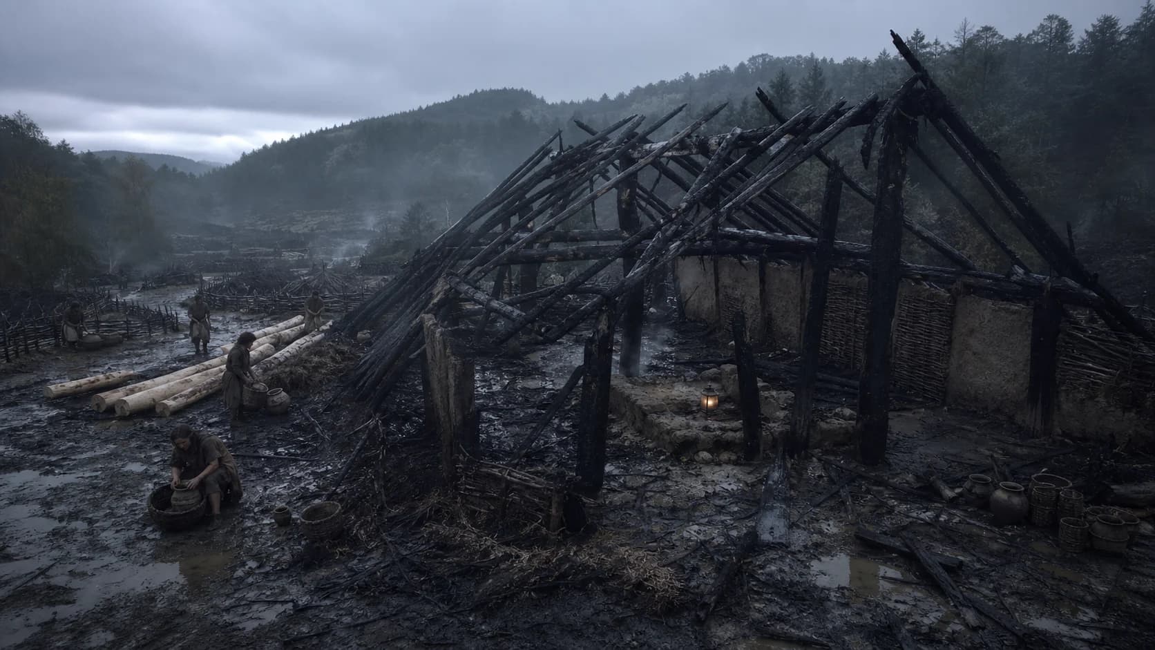 Villagers recover what survived beside the rain-soaked frame of a burned communal longhouse.