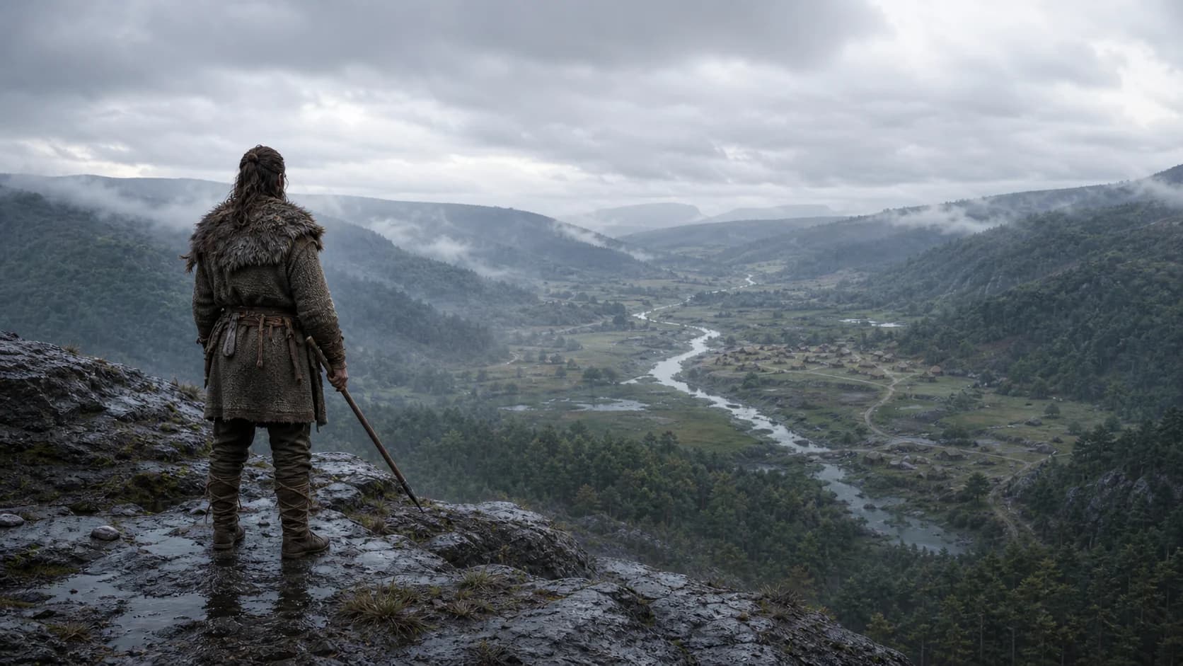 A fully visible scout stands on a wet ridge with the whole Hochwald approach open beyond.