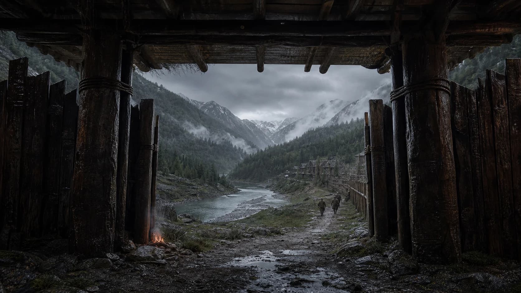 The rain-dark valley seen through a scarred timber gate