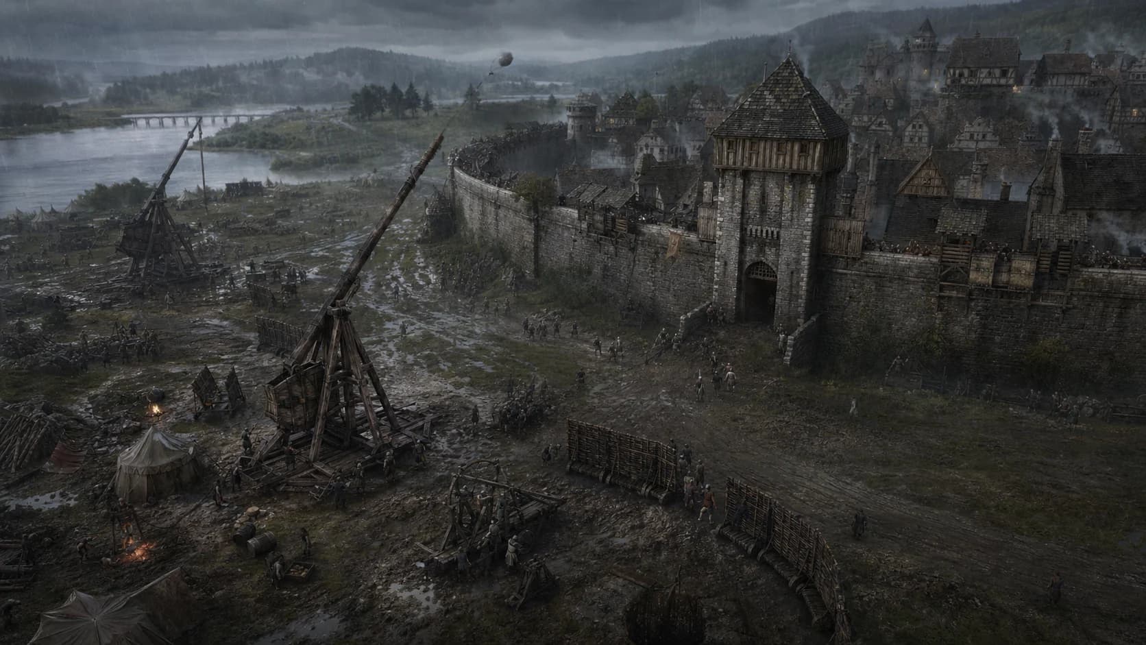 Trebuchets and siege lines confront a rain-dark fortified town in Hochwald Valley.