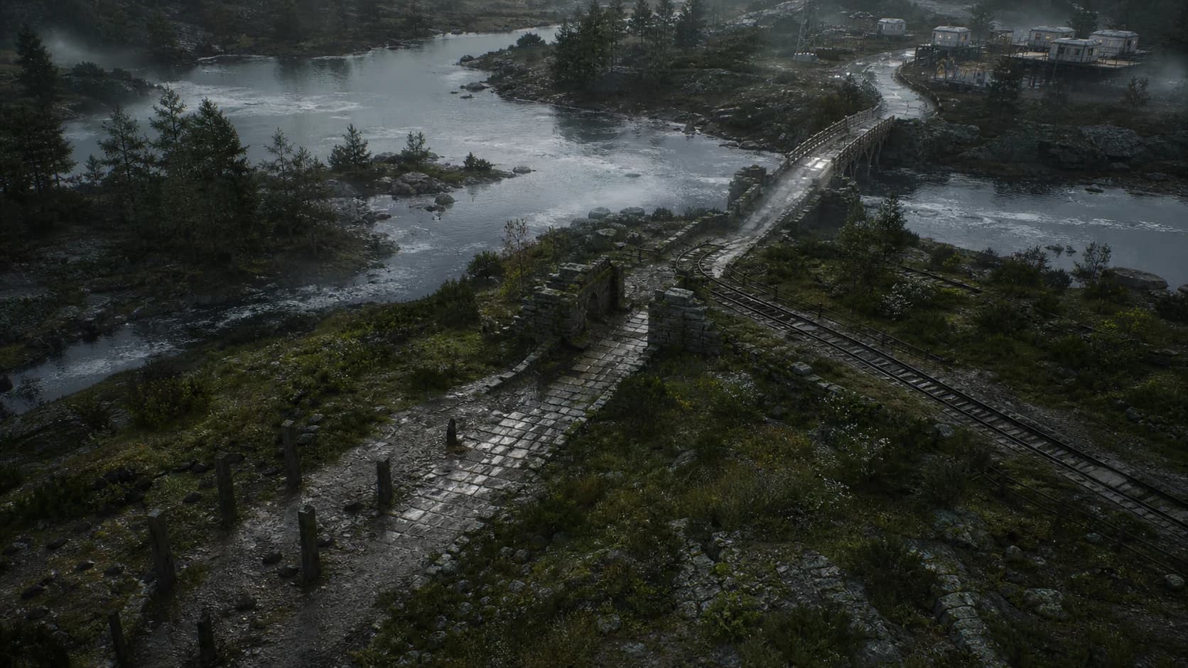 One river crossing preserves a footpath, Roman paving, medieval stonework, rail and a modern service route.