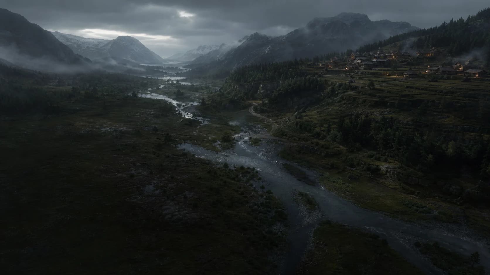 The river and wetlands cross Hochwald Valley below a settlement held high on the right-hand terrace.