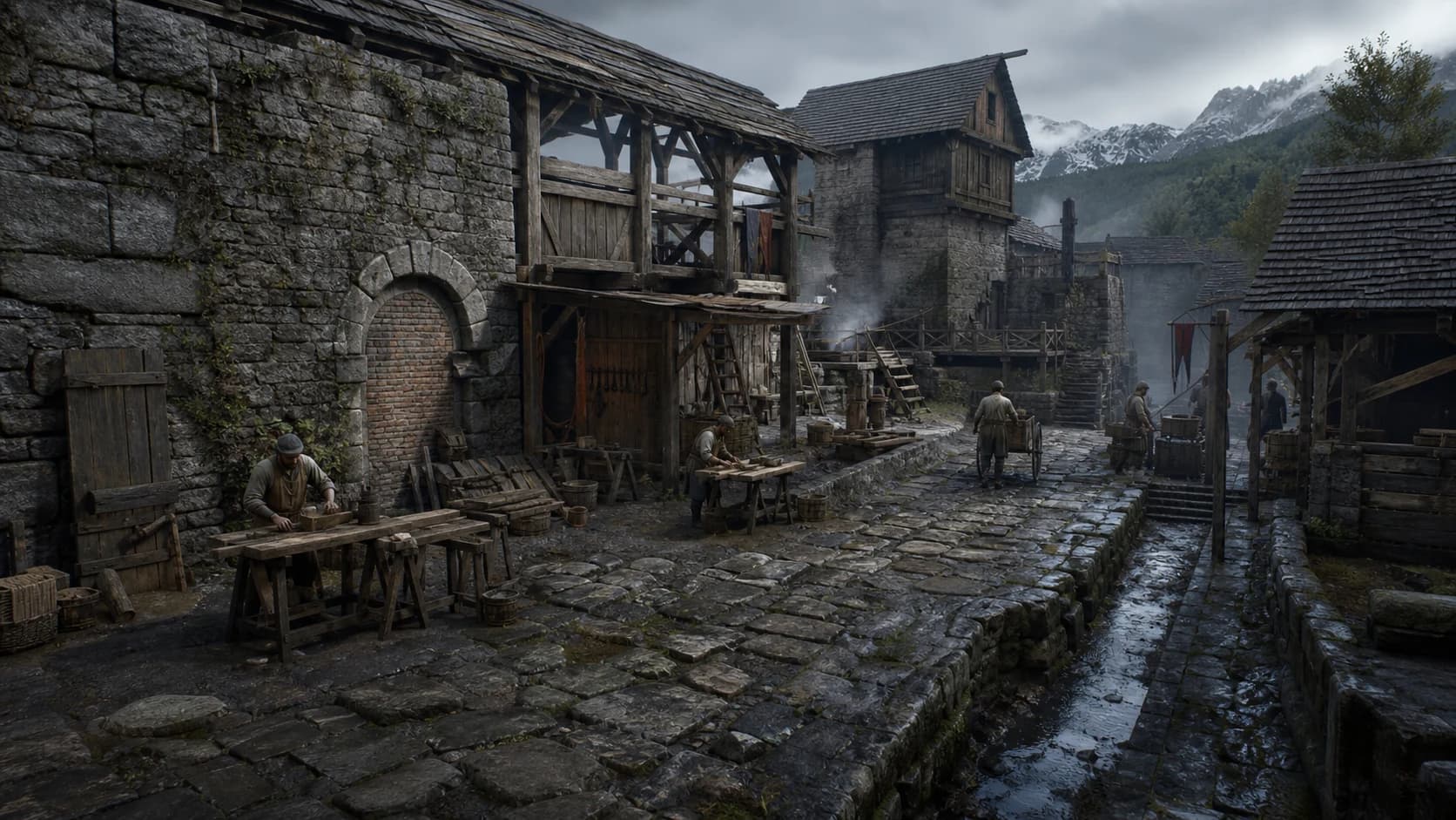 A working courtyard where inherited stone, timber and road surfaces remain in use.